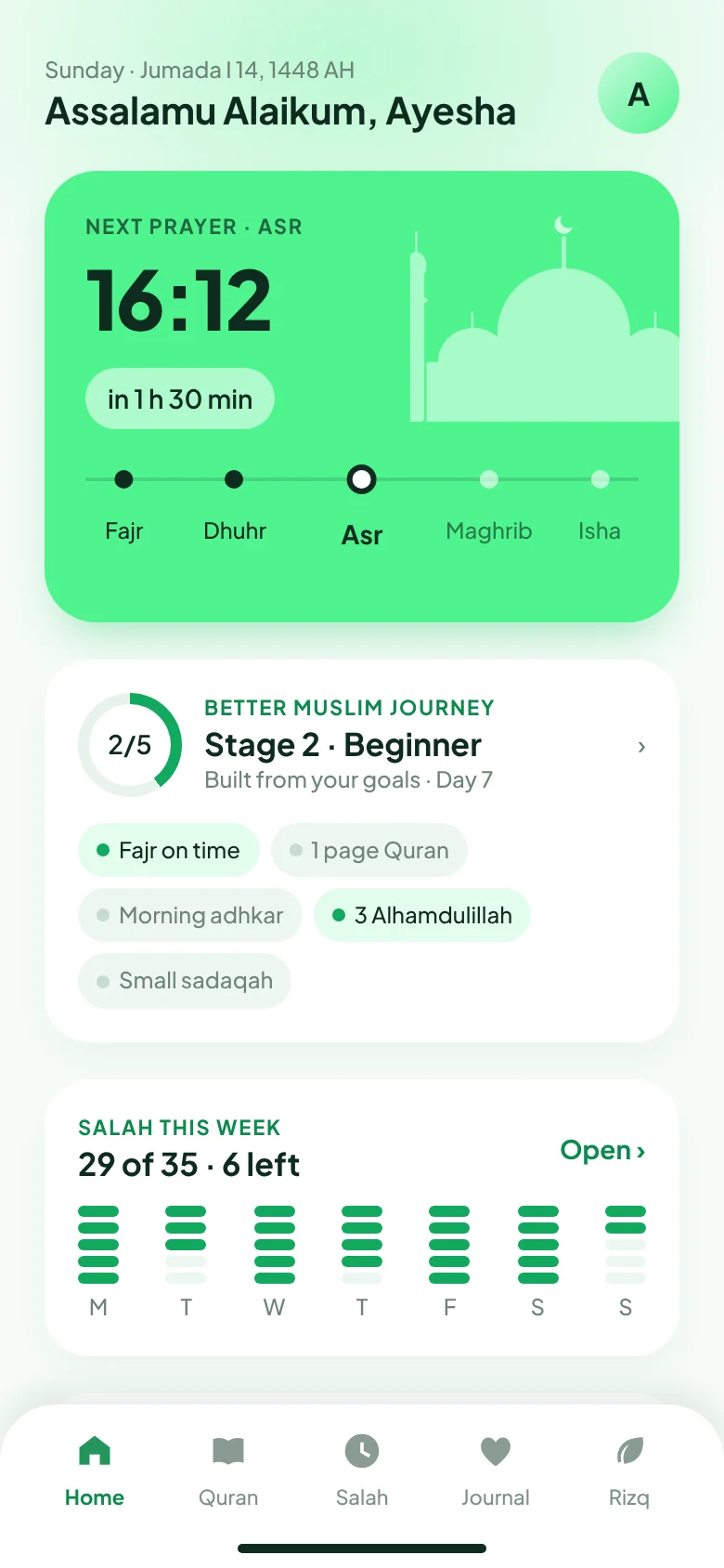 Nooraya home screen showing the next prayer, a countdown and today’s niyyah