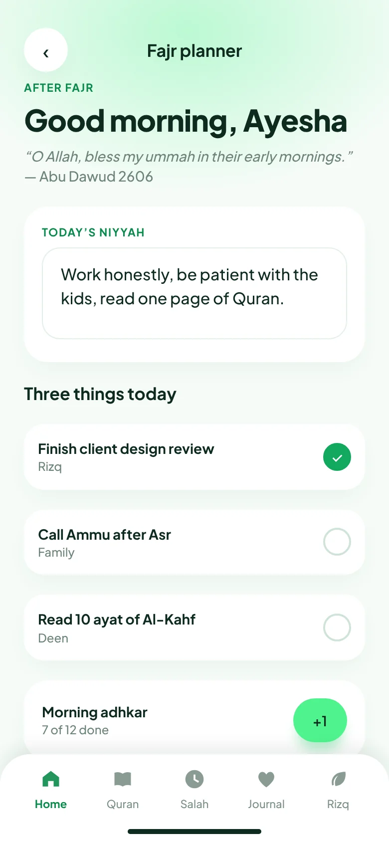 Daily planner with niyyah and tasks
